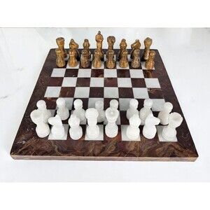 Marble Chess Set, 12" chess board, Dark brown & White, storage box, Fathers Day